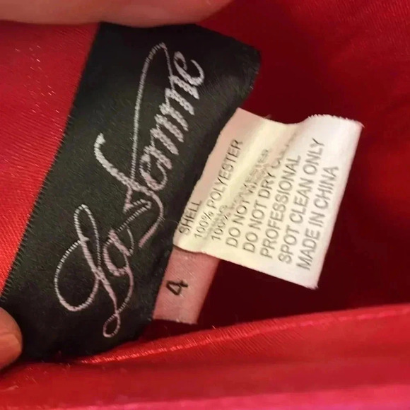 La  Femme coral crystal crossed straps back slit dress - Picture 3 of 10